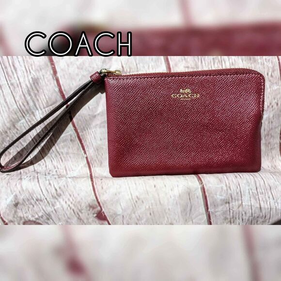 COACH wristlet coin/money pouch cross-grain leather burgundy wine color - Picture 1 of 8